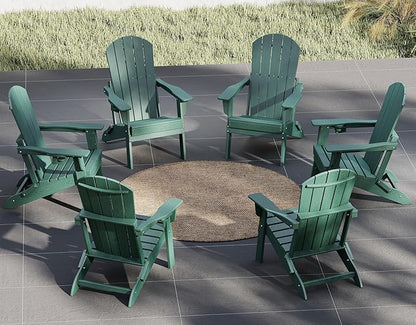 Plawdlik Folding Adirondack Chair Set of 6 with Cup Holder，Wooden Textured ，Heavy All-Weather HDPE Comfortable Set Poolside Backyard Lawn, Green