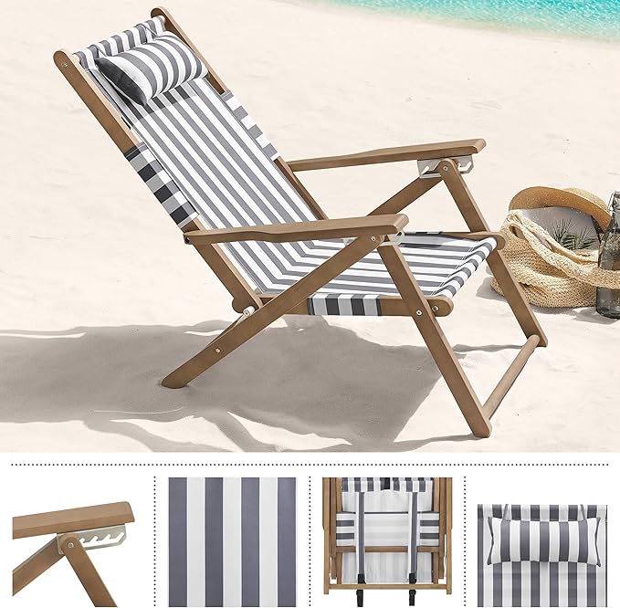 Lavish Home Beach Chair - Outdoor Weather-Resistant Wood Folding Chair with Backpack Straps - 4-Position Reclining Seat - Photo 8
