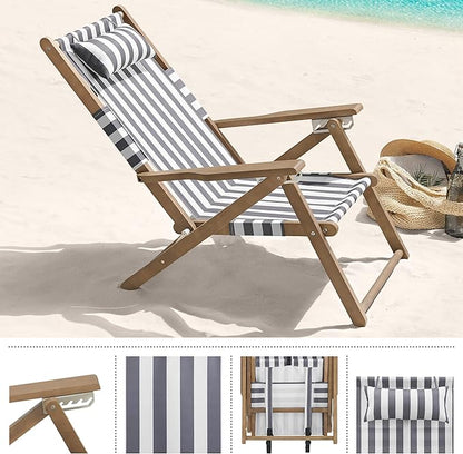 Lavish Home Beach Chair - Outdoor Weather-Resistant Wood Folding Chair with Backpack Straps - 4-Position Reclining Seat - Beach Essentials (Gray)