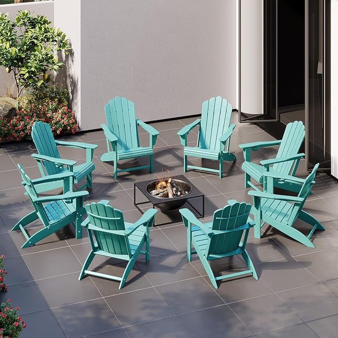 Costaelm Lakeview Outdoor Patio HDPE Adirondack Chairs with Cup Holders (Set of 8), Turquoise