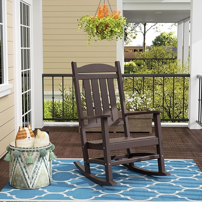 WO Home Furniture Patio Rocking Chair Farmhouse Outdoor HDPE UV Weather Resistant (Dark Brown)