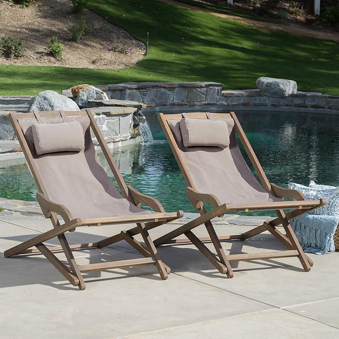 Grey Wooden Beach Sling Chair Set of 2 Outdoor Lounge Chairs for Pool Patio Backyard and Beach with Pillow Comfortable - Photo 1