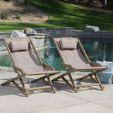 Grey Wooden Beach Sling Chair Set of 2 Outdoor Lounge Chairs for Pool Patio Backyard and Beach with Pillow Comfortable - Photo 1