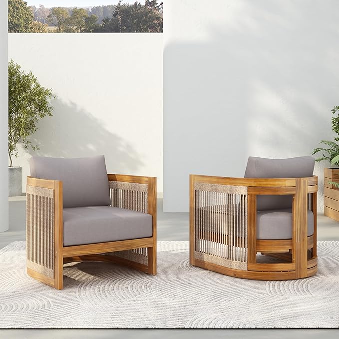 Merax Acacia Wood Outdoor Club Chair Set of 2, Woven Rope Accents Design, Wooden Patio Accent Chair Set - Photo 1