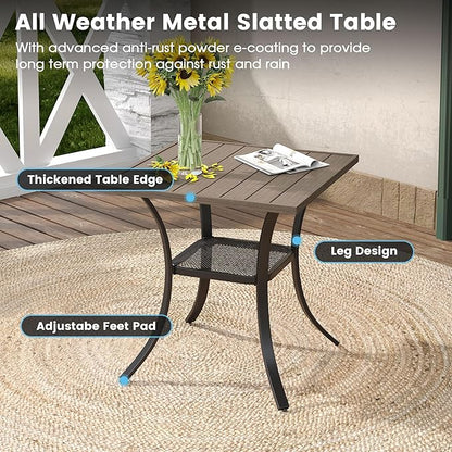 DIFY 27.6" Small Square Outdoor Dining Table for 2, Slatted Metal Patio Table with Storage Shelf, All-Weather Patio Dining Table for Garden Backyard Deck, Grey Wood-Like Tabletop
