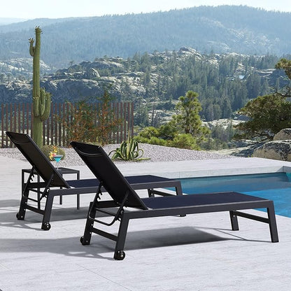 PURPLE LEAF Outdoor Patio Chaise Lounge Set 4 Pieces Pool Lounge Sunbathing Chairs with Wheels Chair for Yard (4 Navy Blue Lounges W/Side Table)