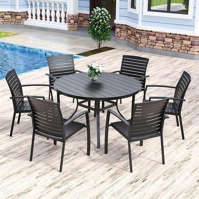 Round Outdoor Dining Table, 48 Inch All-Weather Patio Table with Adjustable Umbrella Hole for Deck Lawn Garden Backyard Balcony Deck, Black Metal Frame Slatted Tabletop
