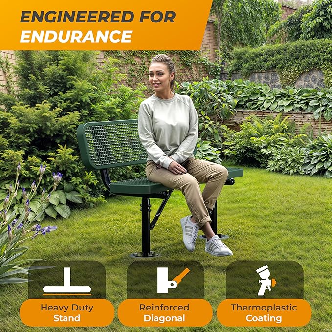 Heavy-Duty Outdoor Metal Bench, Thermoplastic-Coated, Surface, Weatherproof, Commercial-Grade for Parks, Gardens, Patios, Stores & More (4 Ft - Surface with Back, Green)