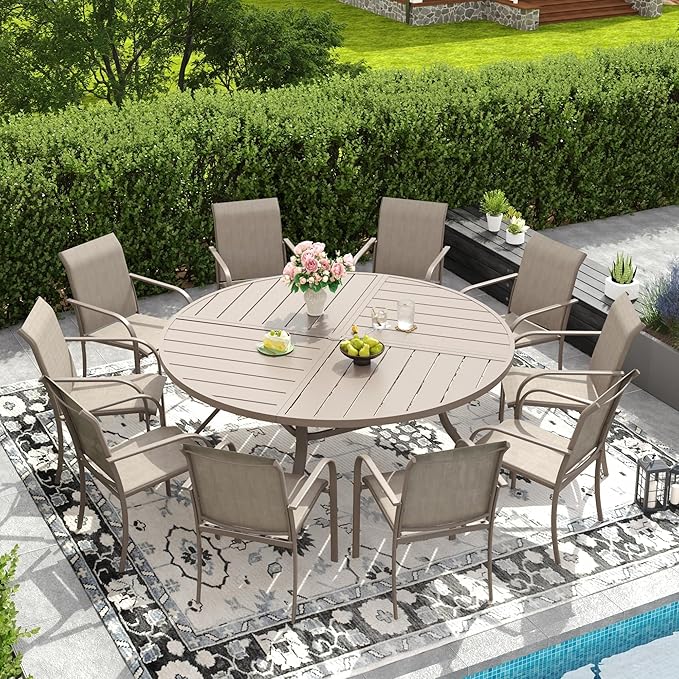 DIFY 63" Round Outdoor Patio Dining Table for 8-10, All-Weather Metal Steel Slatted Patio Table with 1.57" Adjustable Umbrella Hole for Garden, Backyard, Deck, Sandshell