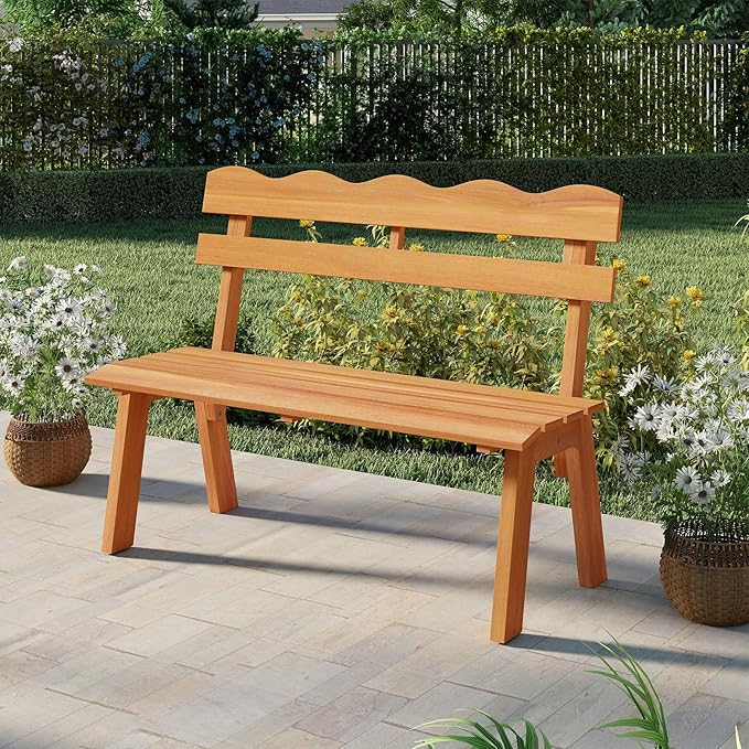 Tangkula Acacia Wood Outdoor Bench with Backrest, 2-Person Patio Garden Bench with Waved Backrest and Slatted Seat, 800 lbs Weight Capacity, Outside Loveseat for Front Porch, Balcony, Backyard, Park