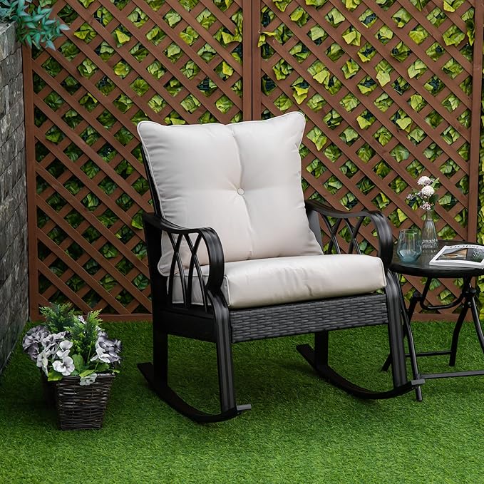 Outsunny Outdoor Wicker Rocking Chair with Padded Cushions, Aluminum Furniture Rattan Porch Rocker Chair w/Armrest for Garden, Patio, and Backyard, Khaki