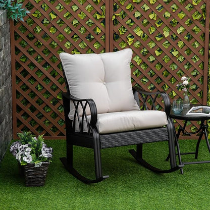 Outsunny Outdoor Wicker Rocking Chair with Padded Cushions, Aluminum Furniture Rattan Porch Rocker Chair w/Armrest for Garden, Patio, and Backyard, Khaki