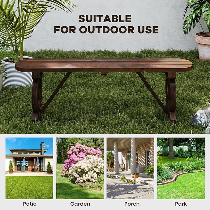 HAPPYGRILL Patio Wood Bench Outdoor Rustic Wagon Wheel Bench w/Carbonized Finish & Fir Construction, 2-Person Wooden Outdoor Bench for Patio, Garden, Porch, Park