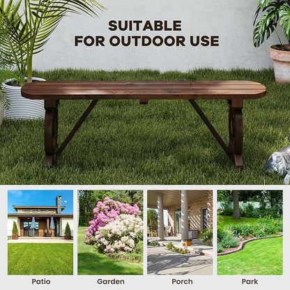 HAPPYGRILL Patio Wood Bench Outdoor Rustic Wagon Wheel Bench w/Carbonized Finish & Fir Construction, 2-Person Wooden Outdoor Bench for Patio, Garden, Porch, Park