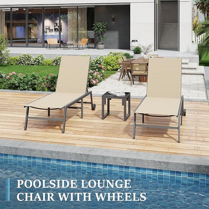 UDPATIO Outdoor Chaise Lounge with Wheels 2 Pieces Patio Lounge Chair with Side Table 5 Adjustable Position Recliner for Patio, Beach, Yard, Pool