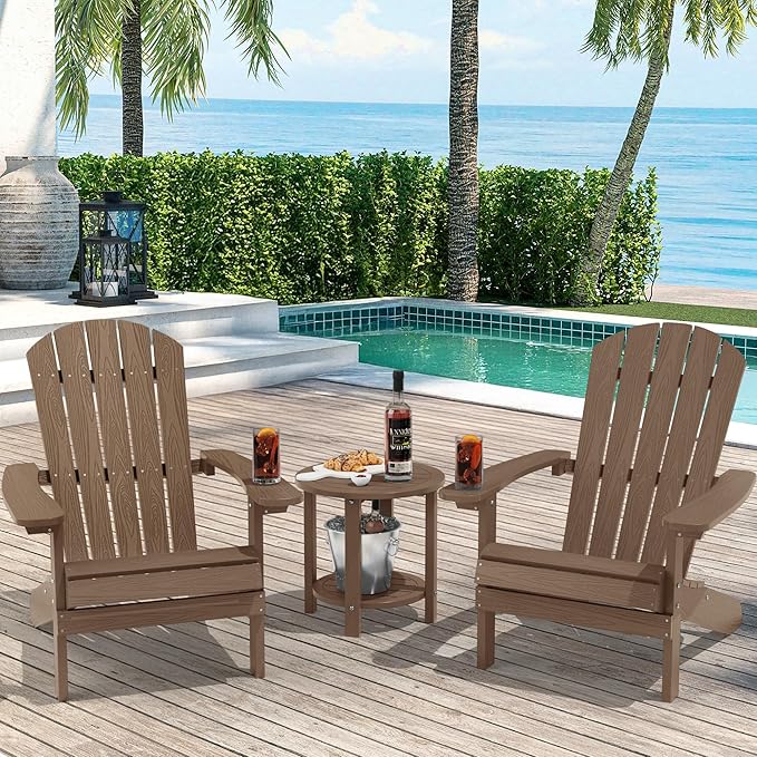 YEFU 3-Piece Adirondack Chair and Table Set: Outdoor Lounge Furniture Set - Outdoor Chair Plastic Weather Resistant with Wide Armrests for Patio Lawn Pool Porch Garden(Teak