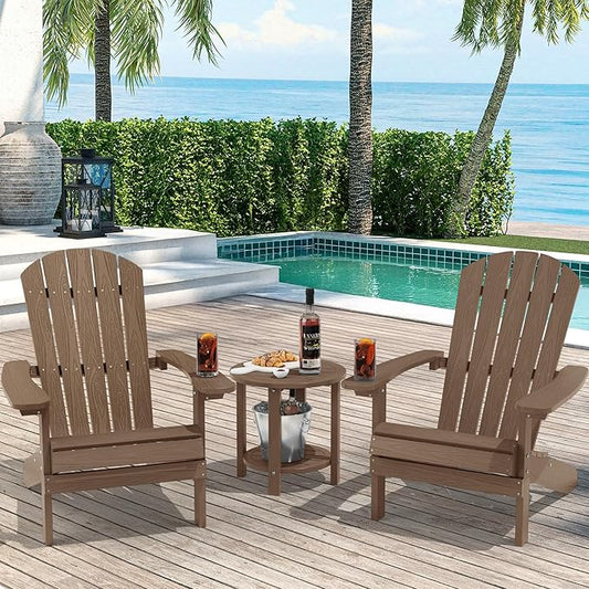 YEFU 3-Piece Adirondack Chair and Table Set: Outdoor Lounge Furniture Set - Outdoor Chair Plastic Weather Resistant with Wide Armrests for Patio Lawn Pool Porch Garden(Teak