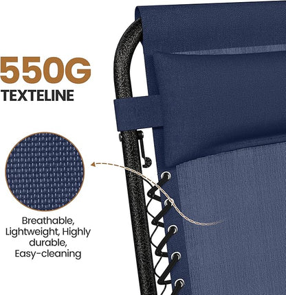Yaheetech Zero Gravity Recliners Outdoor Adjustable Folding Reclining Lounge Chairs w/Pillows, Cup Holder Trays and Carry Strap for Patio Backyard Beach Navy Blue Set of 2