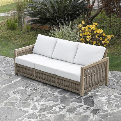 3 Seats Outdoor Sofa, Aluminum Patio Sofas Couch with Thick Cushions, Never-Rust 3-Seater Rope Weave Outside Patio Couch, Deep Seating Outdoor Sofa Furniture for Garden, Decks, Porch, Gray Oak