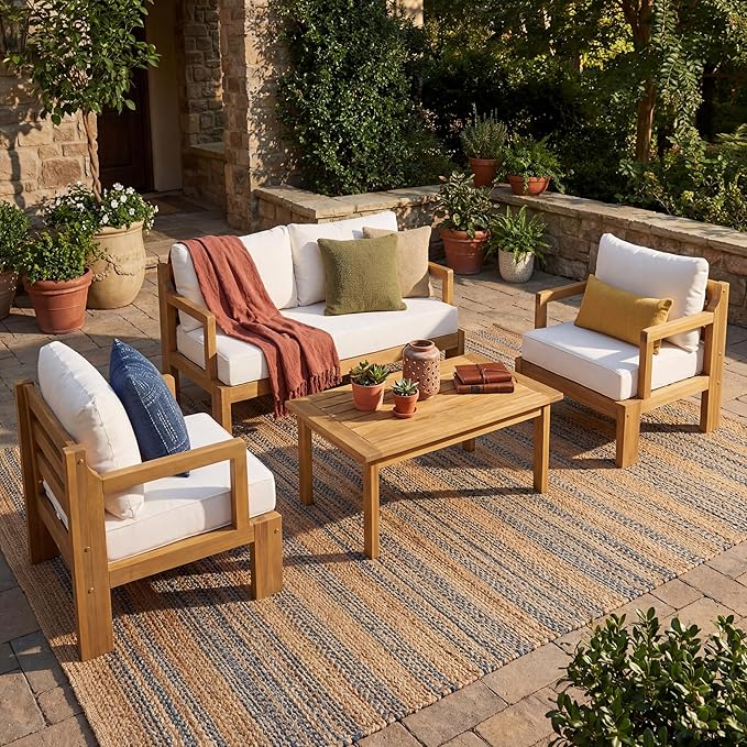 4 Piece Acacia Wood Patio Furniture Set with Coffee Table, Loveseat and 2 Chairs - Photo 1