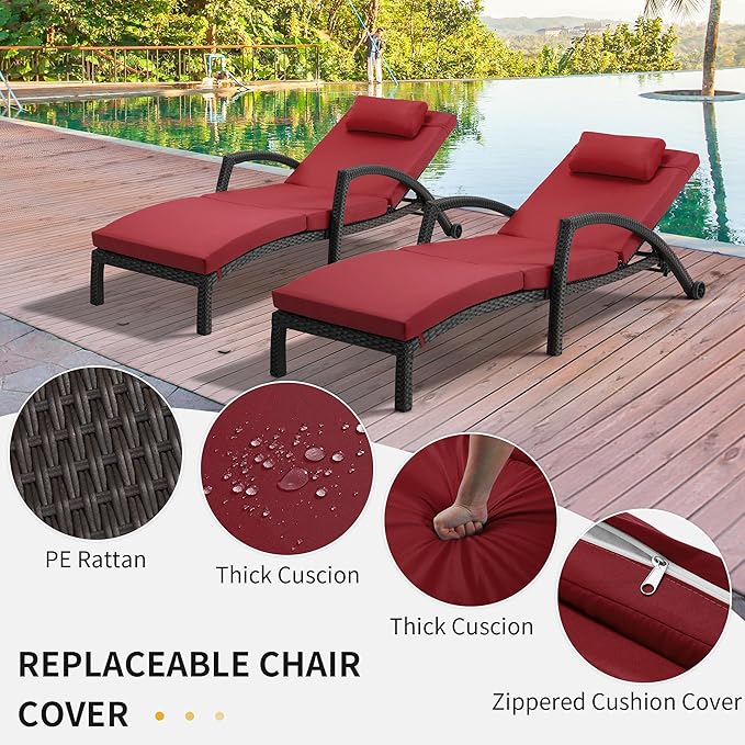 HOMREST Chaise Lounge Chairs Set of 2, PE Rattan Wicker Patio Lounge Chair with Adjustable 5 Position - Photo 6