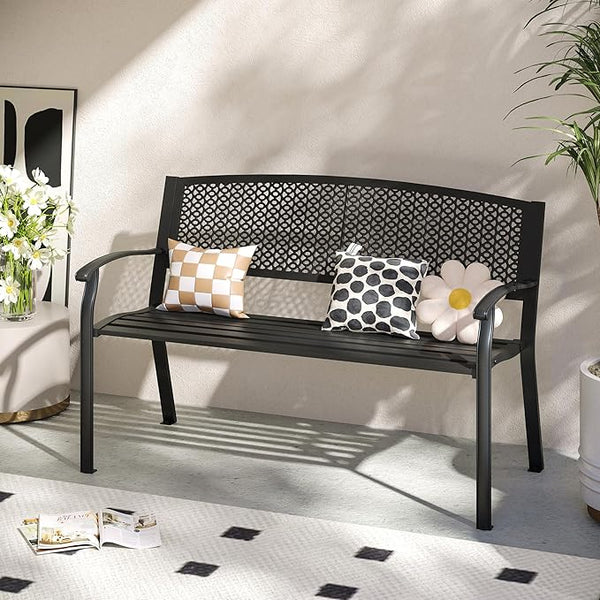 VICLLAX 50” Outdoor Garden Bench with Armrests and Backrest, Waterproof Patio Metal Bench for Park, Porch, Backyard, Round Pattern Back