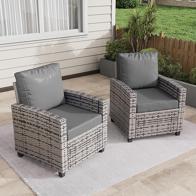 2 Pieces Patio Furniture Set, Outdoor Wicker Chairs Set of 2, All Weather High Back Rattan Chairs, Seating Club Chair Porch Chairs Set with Cushions for Balcony Porch Deck, Grey2