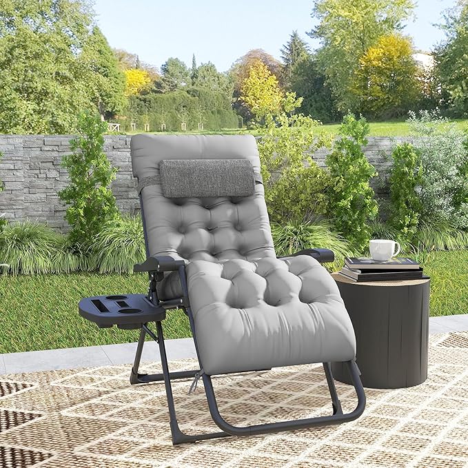 Outsunny Zero Gravity Chair, Folding Reclining Lounge Chair with Padded Cushion, Side Tray for Indoor and Outdoor, Supports up to 264 lbs, Gray