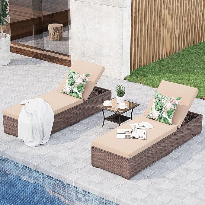 JOIVI Outdoor Chaise Lounge Chair, 3 Piece Patio Pool Lounge Chairs with Glass Top Coffee Table for Outside, Rattan Reclining Chaise Lounger with Adjustable Backrest and Beige Cushion, Brown PE Wicker
