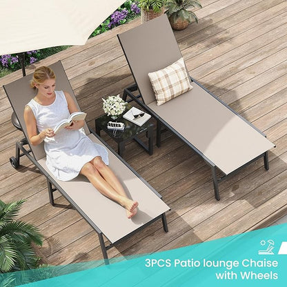 Amopatio 3 Piece Patio Lounge Chairs Set 2 Pool Chaise Lounges with Wheels and 1 Side Table 5-Position Adjustable Lounge Furniture with Heavy-Duty Steel for Backyard Poolside,400 LBS Capacity, Khaki