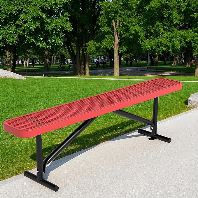 Park Benches for Outside, 8 ft Metal Porch Bench Furniture Patio Seating, Commercial Expanded Metal Mesh Bench for Outdoor, Lawn, Backyard, Park, Deck, Garden, Patio, School (Red, 8FT)