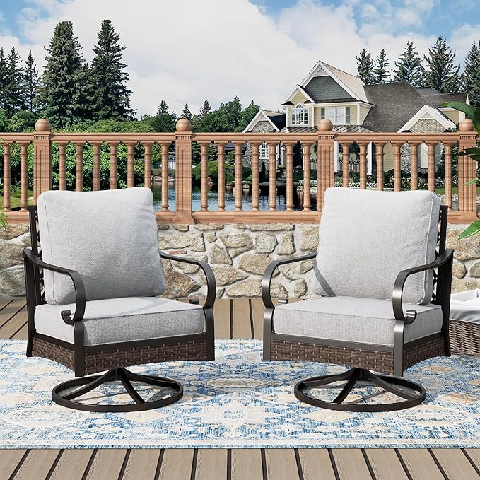 Patio Swivel Chairs Set of 2, Outdoor Sofa Chairs with Deep Seating and 5.75" Cushions, Steel Frame Porch Furniture for Lawn Backyard Deck, Light Grey