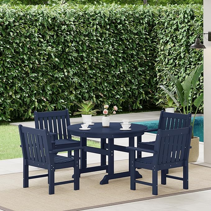 Costaelm Outdoor Dining Chairs with Arms Set of 2, Patio HDPE Garden Dining Table Chair, Poly Lumber Waterproof Restaurant Bistro Farmhouse Chairs for Outside Porch Backyard, Navy Blue