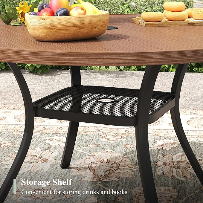 Outdoor Dining Table with Adjustable Umbrella Hole, 40.6" All-Weather Round Patio Dining Table for 4, Metal Patio Table with Storage Shelf for Garden Lawn Porch Deck Yard, Walnut