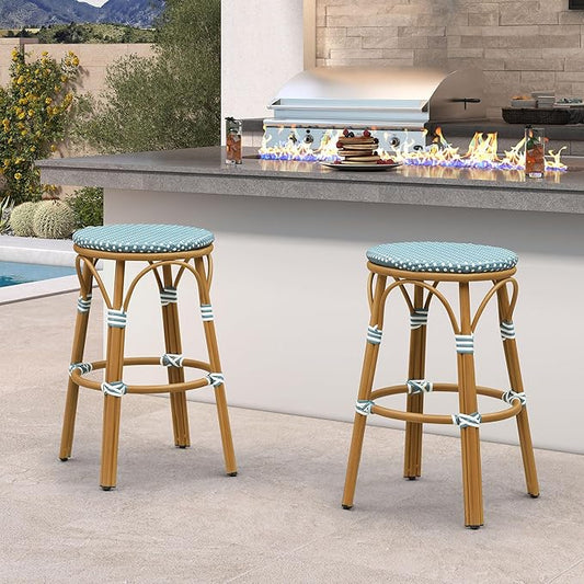 PURPLE LEAF Outdoor French Round Bar Stool Set of 2 Large 30" Armless Handwoven Rattan Wicker Barstools with Bamboo Print Aluminum Frame Footrest for Patio Restaurant Bistro Soft Blue