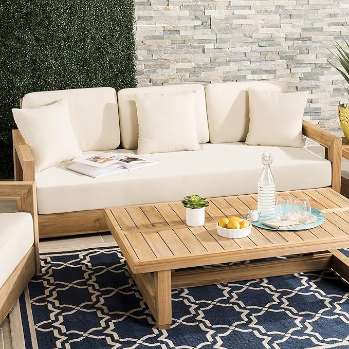 SAFAVIEH Couture Outdoor Collection Montford Beige 3-Seat Bench Casing Upholstery Removable Cover Fabric - Photo 2