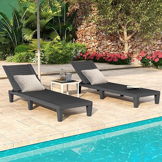 DWVO Outdoor Chaise Lounge, Pool Lounge Chair Set of 4 w/ 5-Level Backrest, Waterproof & Easy Assembly Patio Lounge Chair for Garden, Pool, and Beach (Black)