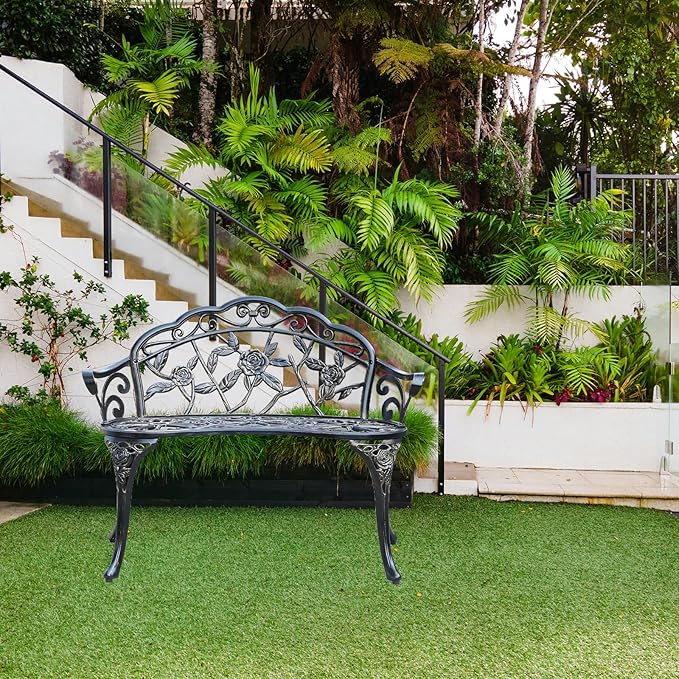 Cast Aluminium Outdoor Bench, Rose Garden Bench for Patio,Park,Lawn,Yard (Bronze)