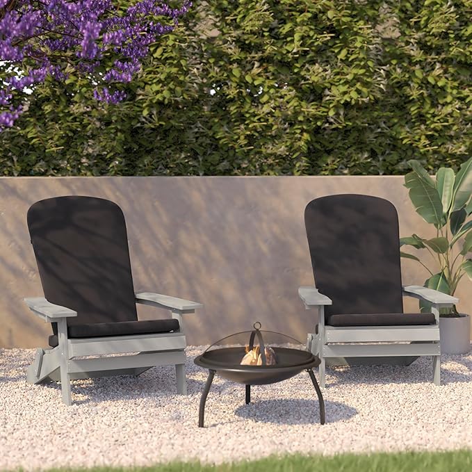 Flash Furniture Charlestown Folding Adirondack Chairs Poly Resin Frame-All-Weather Cushions-Indoor/Outdoor Use, Set of 2, Gray