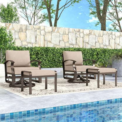 Gotland 4 Piece Patio Set, Metal Outdoor Swivel Chairs Set of 2 with 2 Ottoman 5.1’’ High-Resilience Seat Cushions Removable Cushions, Aluminum Patio Furniture Set for Lawn, Porch, Balcony, Khaki