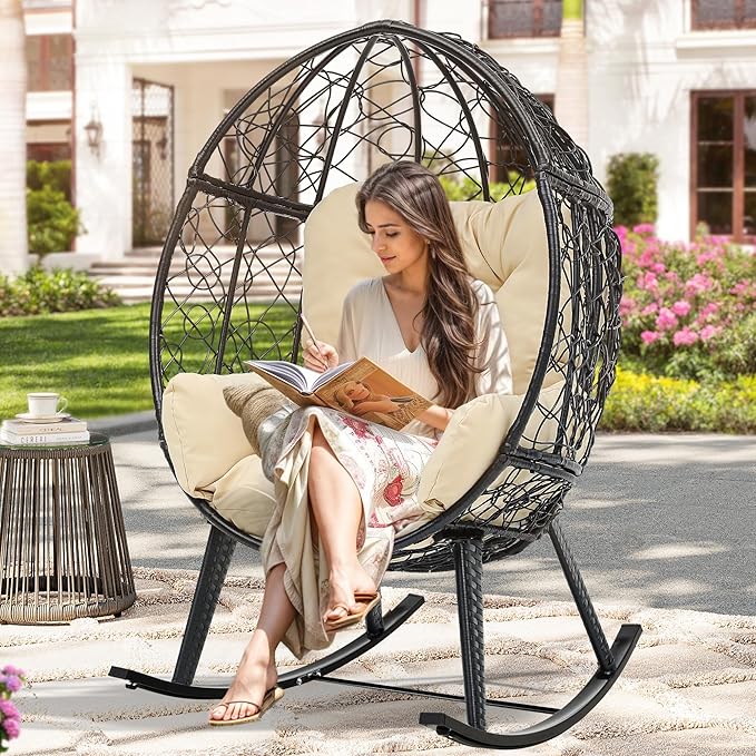 YITAHOME Outdoor Rocking Egg Chair with Cushioned Comfort, Wicker Patio Rocker 250lb Capacity, Anti-Slip, All-Weather Resilient Rattan Design for Indoor & Outdoor Relaxation Spaces, Beige