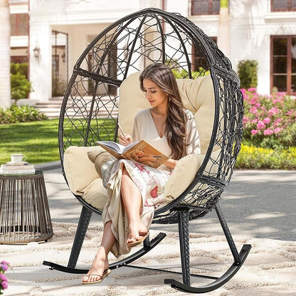 YITAHOME Outdoor Rocking Egg Chair with Cushioned Comfort, Wicker Patio Rocker 250lb Capacity, Anti-Slip, All-Weather Resilient Rattan Design for Indoor & Outdoor Relaxation Spaces, Beige