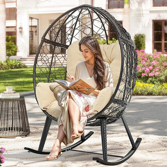 YITAHOME Outdoor Rocking Egg Chair with Cushioned Comfort, Wicker Patio Rocker 250lb Capacity, Anti-Slip, All-Weather Resilient Rattan Design for Indoor & Outdoor Relaxation Spaces, Beige