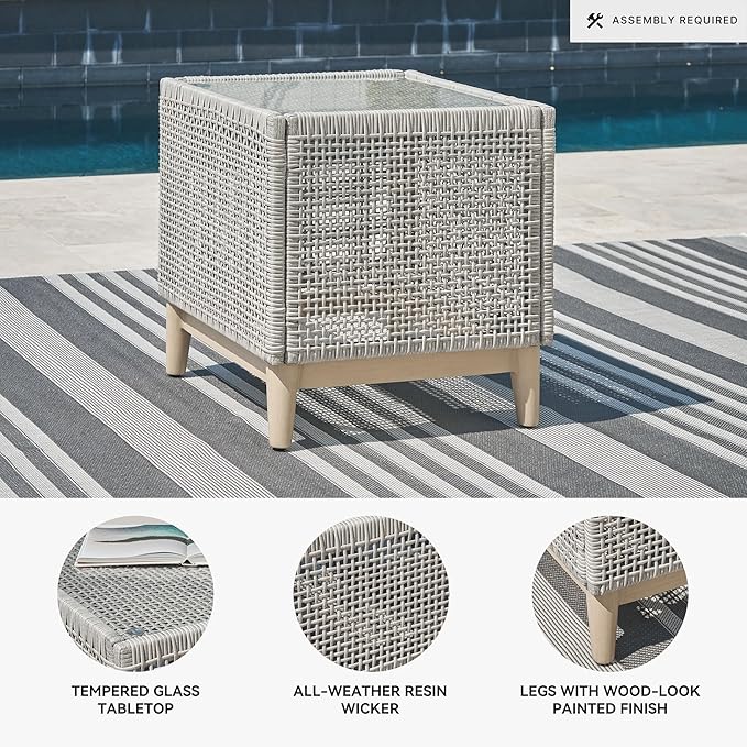 Signature Design by Ashley Seton Creek Contemporary Chic Outdoor All-Weather Resin Wicker End Table with Tempered Glass - Photo 4