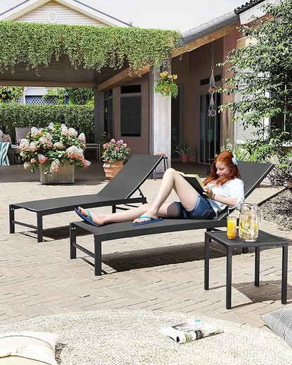 Crestlive Products 2PCS Chaise Lounge Chairs Outdoor with 1PC Side Table, Aluminum Patio Lounge Set, Adjustable Five-Position Recliner for Beach, Pool, Sunbathing, Lawn, Yard