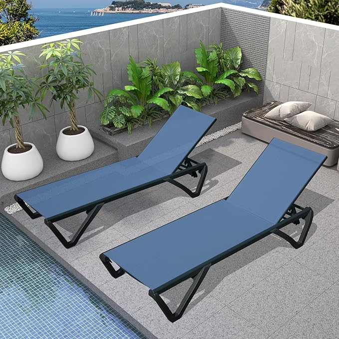 Outdoor Chaise Lounge 2 Pieces Aluminum Patio Lounge Chair with 5 Adjustable Position Recliner Chair Outside Tanning Chairs for Patio, Beach, Yard, Pool (Navy Blue)