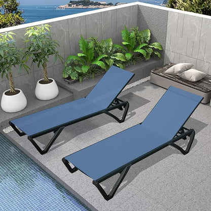 Outdoor Chaise Lounge 2 Pieces Aluminum Patio Lounge Chair with 5 Adjustable Position Recliner Chair Outside Tanning Chairs for Patio, Beach, Yard, Pool (Navy Blue)