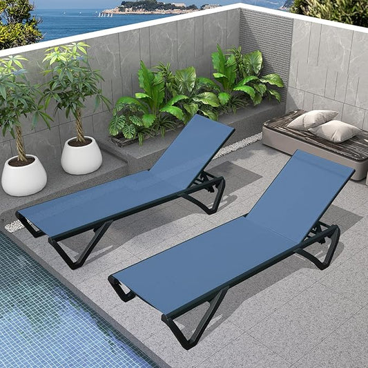 Outdoor Chaise Lounge 2 Pieces Aluminum Patio Lounge Chair with 5 Adjustable Position Recliner Chair Outside Tanning Chairs for Patio, Beach, Yard, Pool (Navy Blue)