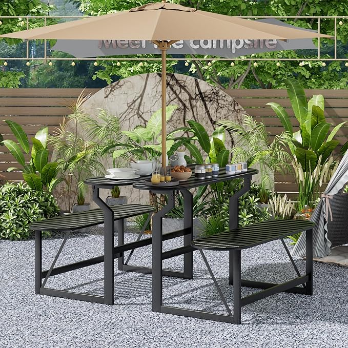 Convertible Bench, 2 in 1 Carbon Steel Picnic Table, Transforming Interchangeable Outdoor Table with Umbrella Hole - Photo 4