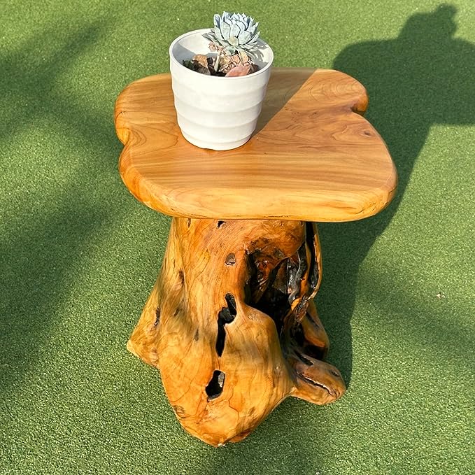 OLDTREE 18.9" End Table, Natural Cedar Stump Stool, Live Edge Side Table, Plant Stand, Small Nightstand, Mushroom-Shaped Stool - for Living Room, Bedroom, Patio, Garden